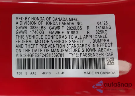 2025 Honda Civic Lx из США, поврежденный, VIN 2HGFE2F24SH589781